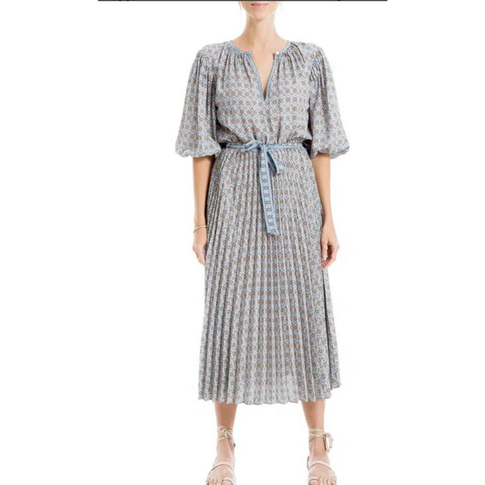 MAX STUDIO Satin Puff Sleeve Pleated MIDI Dress Women’s Large